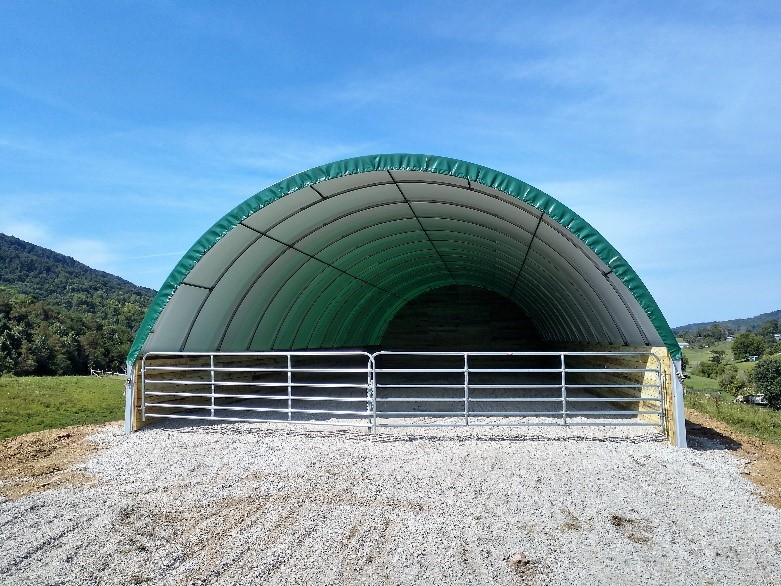 Large fabric building for storing hay at Elm Hollow Farm
