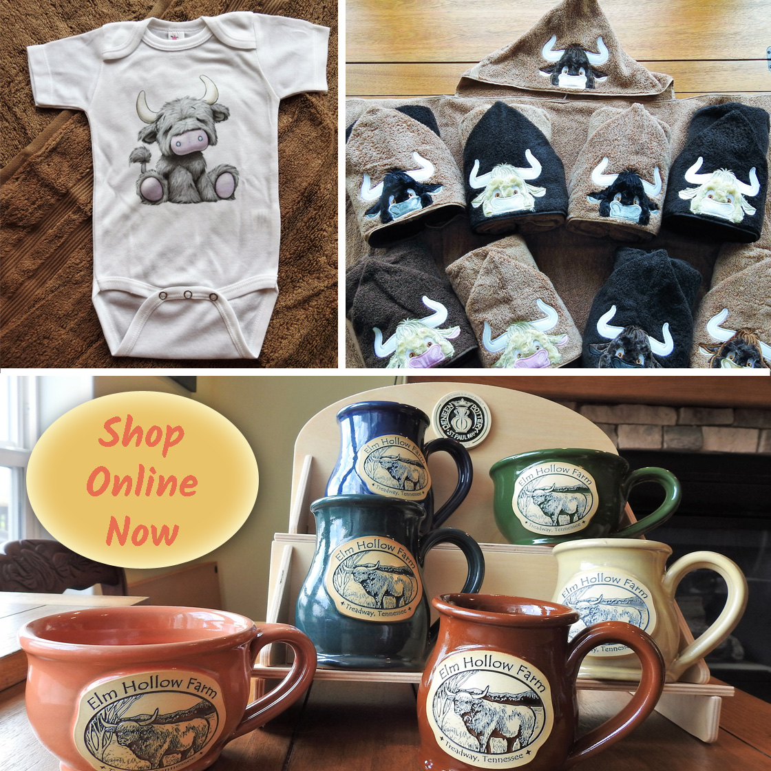 Photo collage of merchandise featuring Elm Hollow Farm name