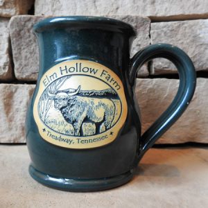 Large 12 ounce mug in teal glaze color with Elm Hollow Farm logo embossed