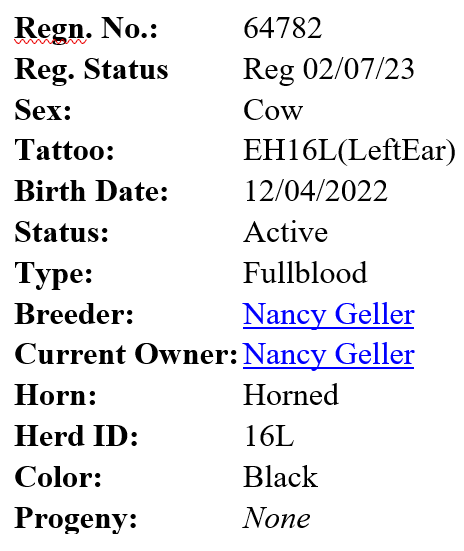 Elm Hollow's Lizzy Registration